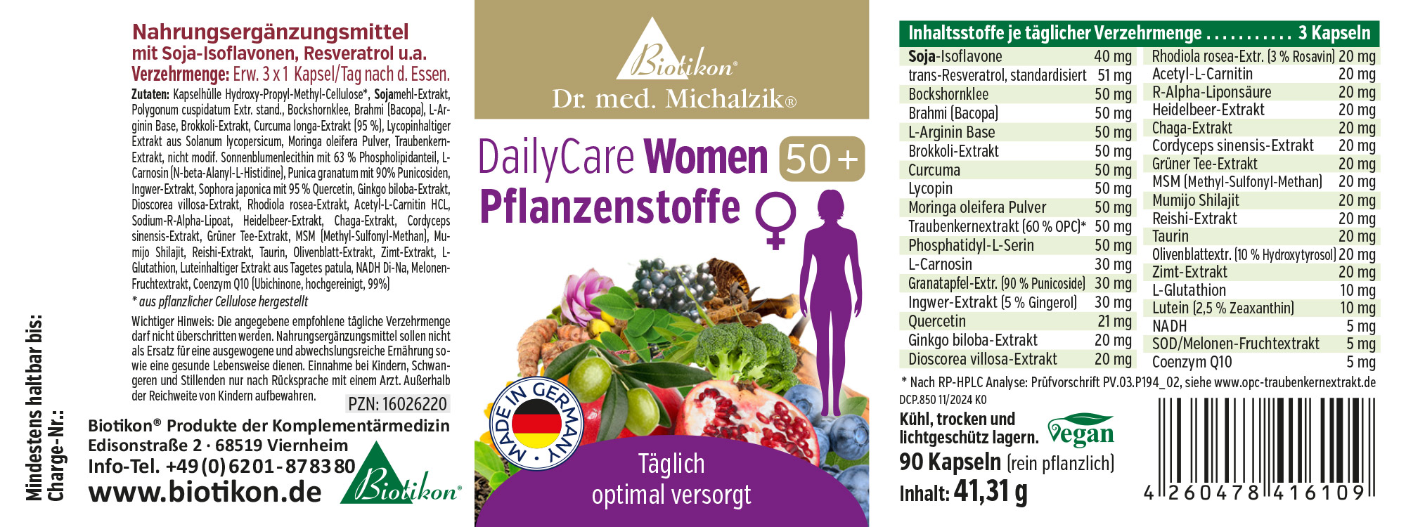 DailyCare Femmes 50+ – Capsules Compléments alimentaires en capsules pour femmes de plus de 50 ans, 90 pièces, emballage vert, ingrédients d'origine végétale.
