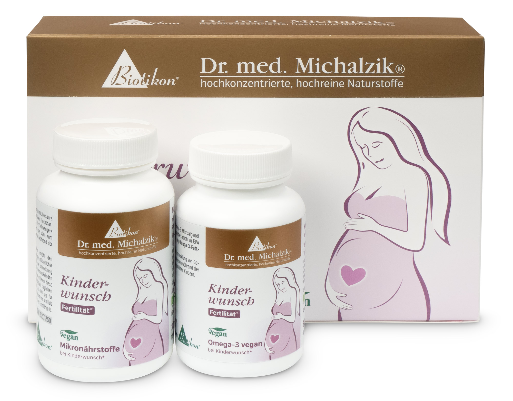 Oméga-3 et micronutriments végétaliens pour la fertilité Deux bouteilles de suppléments de fertilité avec 60 capsules dans un emballage blanc, à côté d'une boîte illustrée.