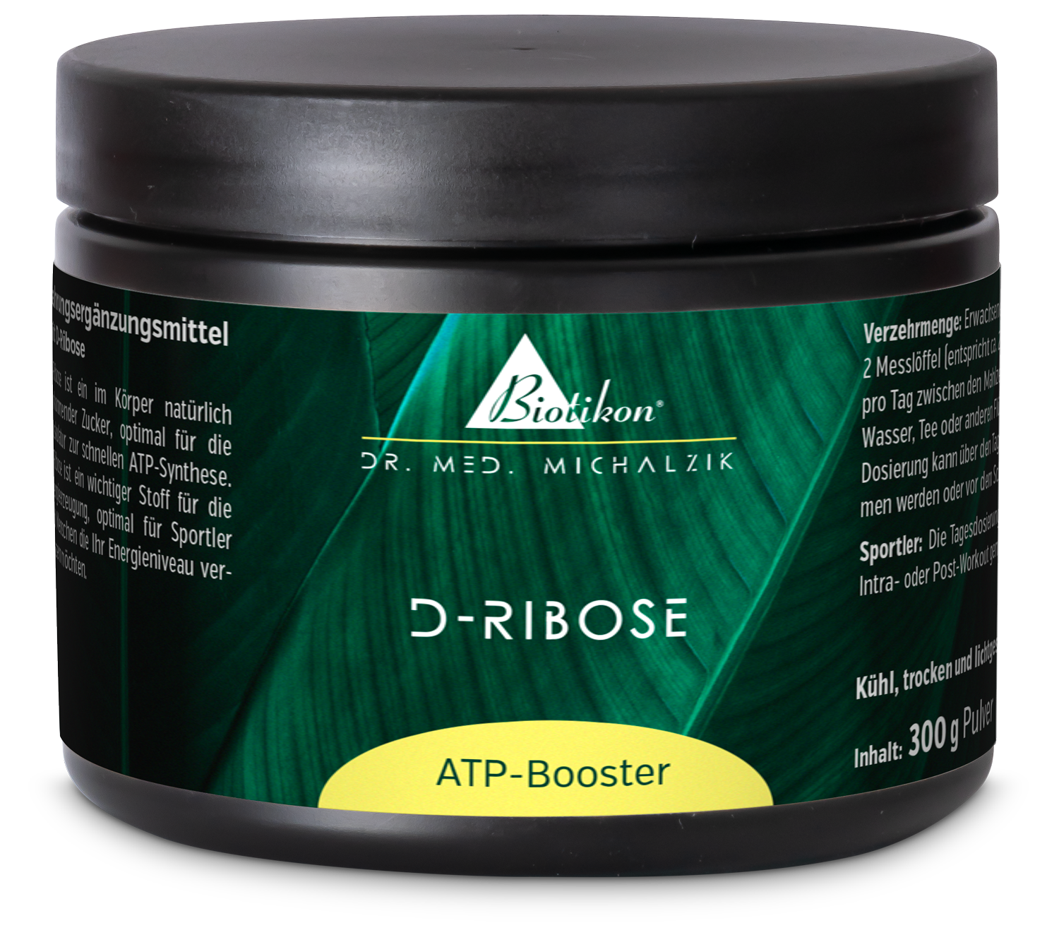 D-Ribose ATP Booster – Poudre de 300 g Conteneur noir avec étiquette verte, poudre de D-Ribose de 300 g, complément alimentaire sportif, vue de devant.