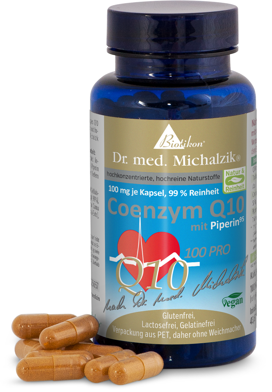 Coenzyme Q10 100 mg – Capsules Végétariennes Bouteille avec capsules de coenzyme Q10, 100 mg, emballage bleu, sept capsules devant, vegan.