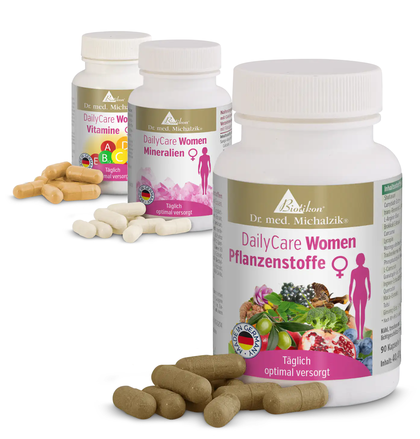 DailyCare Femmes Extraits de Plantes – 90 Capsules DailyCare Femmes Extraits de Plantes dans une bouteille blanche, 90 capsules brunes clairement visibles.