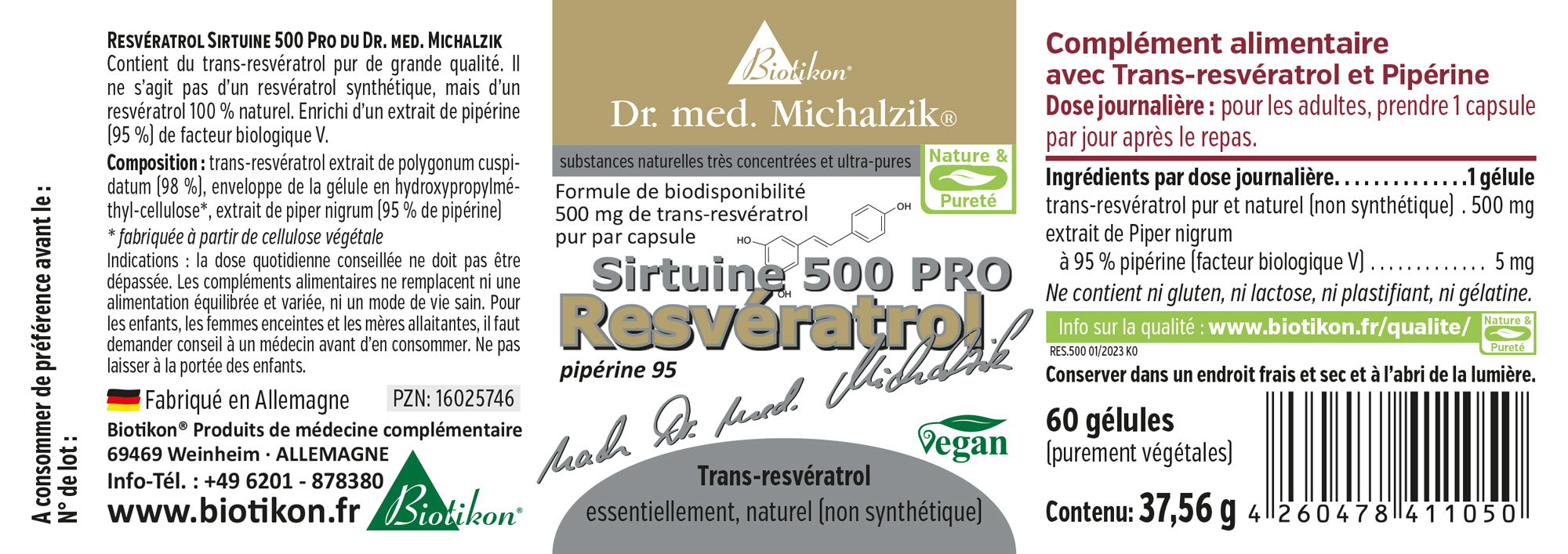Resvératrol Sirtuines 500 mg – 60 Capsules Capsules de resvératrol sirtuines de 500 mg par capsule, emballage blanc et vert, 60 capsules végétaliennes.