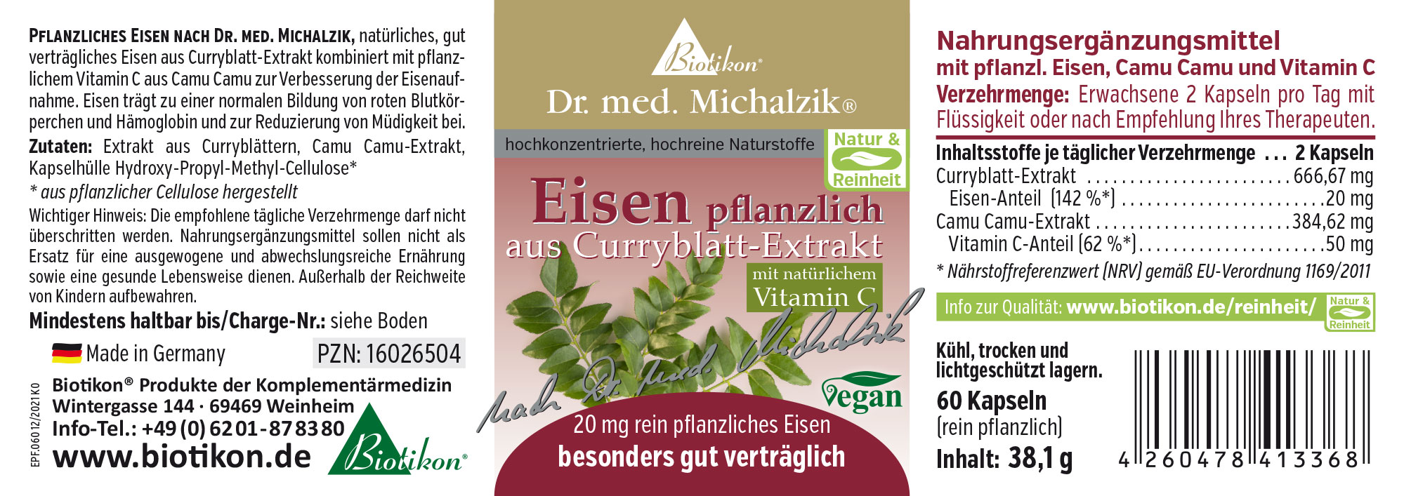 Fer Végétal 20 mg - Capsules 60 capsules avec du fer végétal extrait du curry et de la vitamine C, clairement visible sur l'emballage.