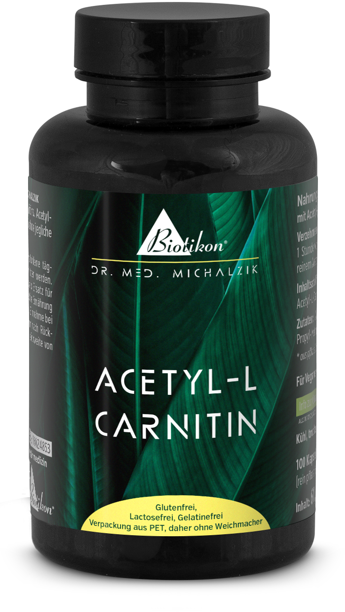 Acétyl-L-Carnitine 100 Capsules - Complément Bouteille noire contenant 100 capsules d'acétyl-L-carnitine, sans gluten, sans lactose, emballage PET, vue de face.