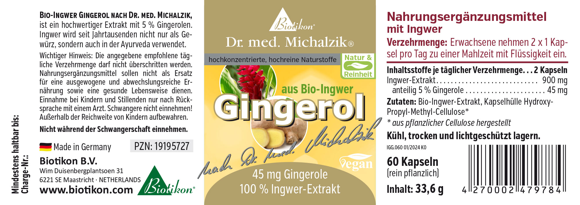 Gingerol Bio 900 mg – Gélules 60 gélules avec 900 mg d'extrait de gingembre et 45 mg de gingerols, emballage jaune, vue de face.