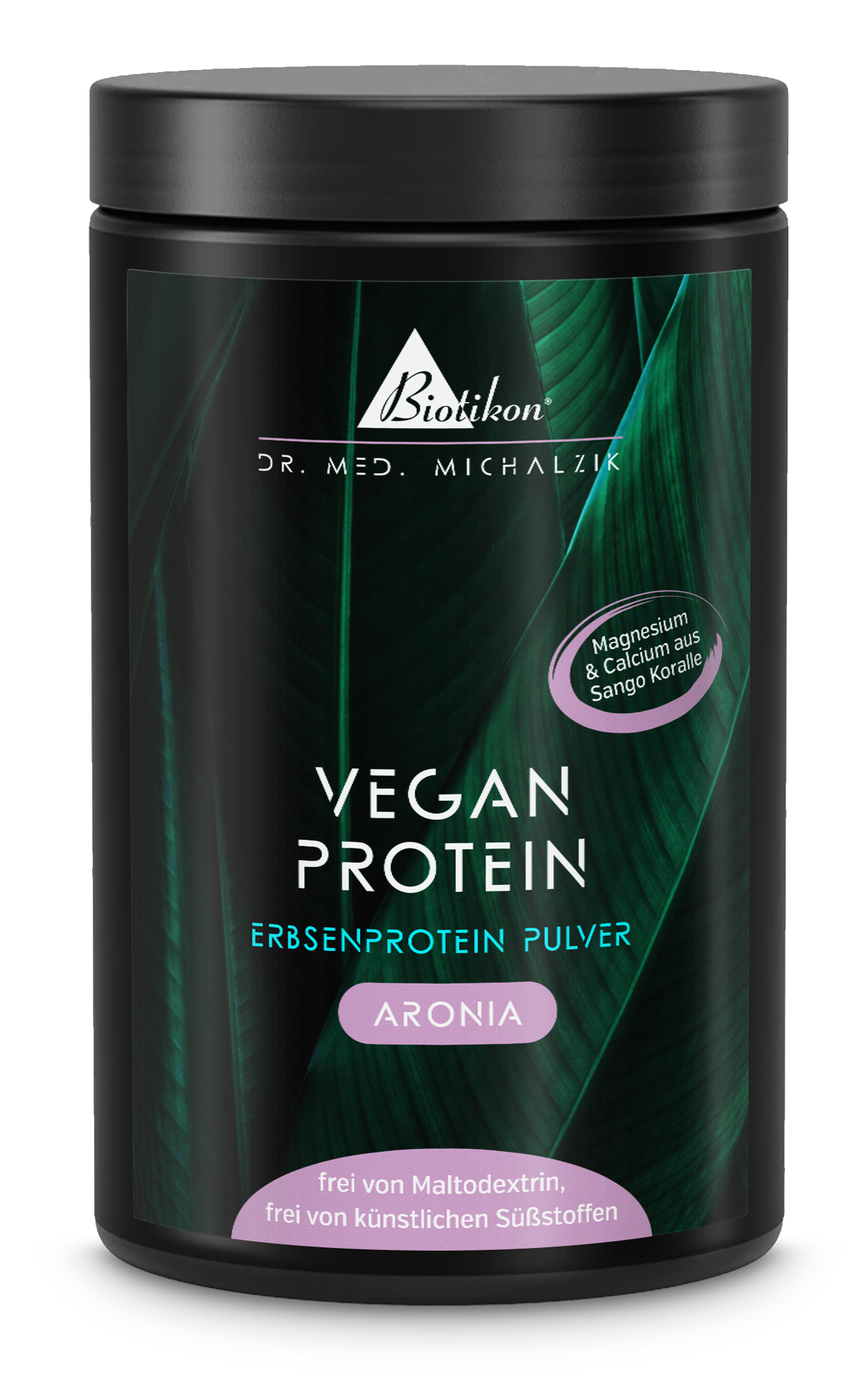 Contenant blanc avec accent violet, poudre de protéine végétale Aronia, 500 g, vue latérale.