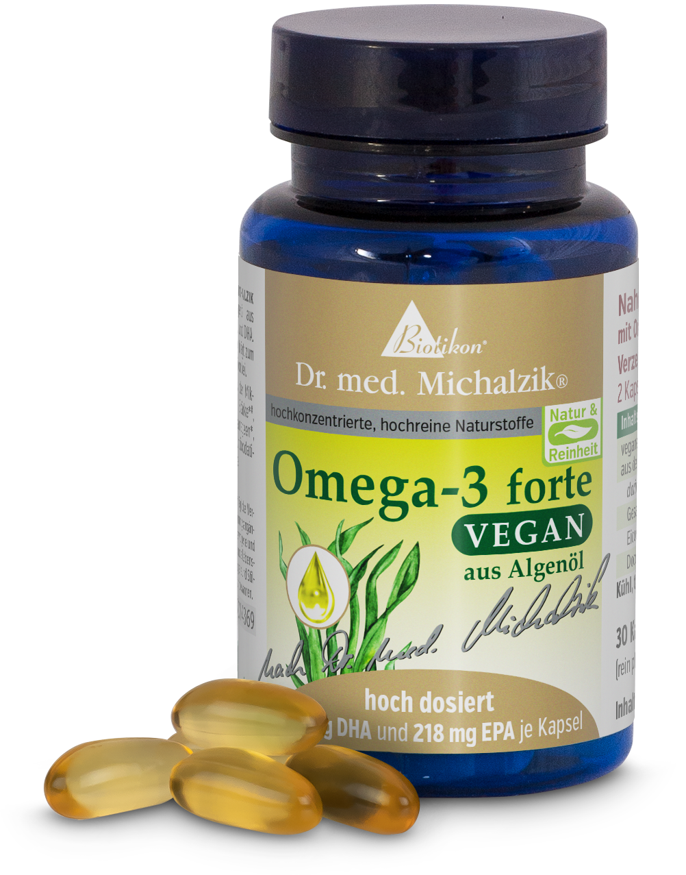 Bouteille de gélules noires contenant 30 gélules végétaliennes d'Omega-3 à base d'huile d'algue, conçues de manière colorée et de haute qualité.
