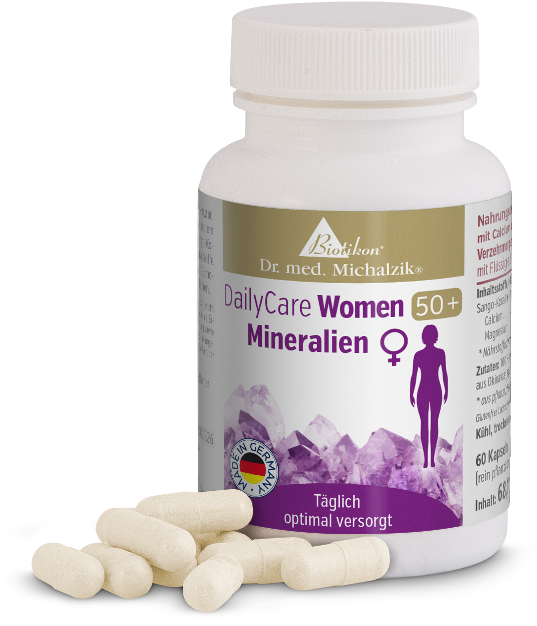 Minéraux 60 Capsules – DailyCare Femmes 50+ Bouteille avec 60 capsules blanches, DailyCare Femmes 50+, minéraux, vues sous différents angles.