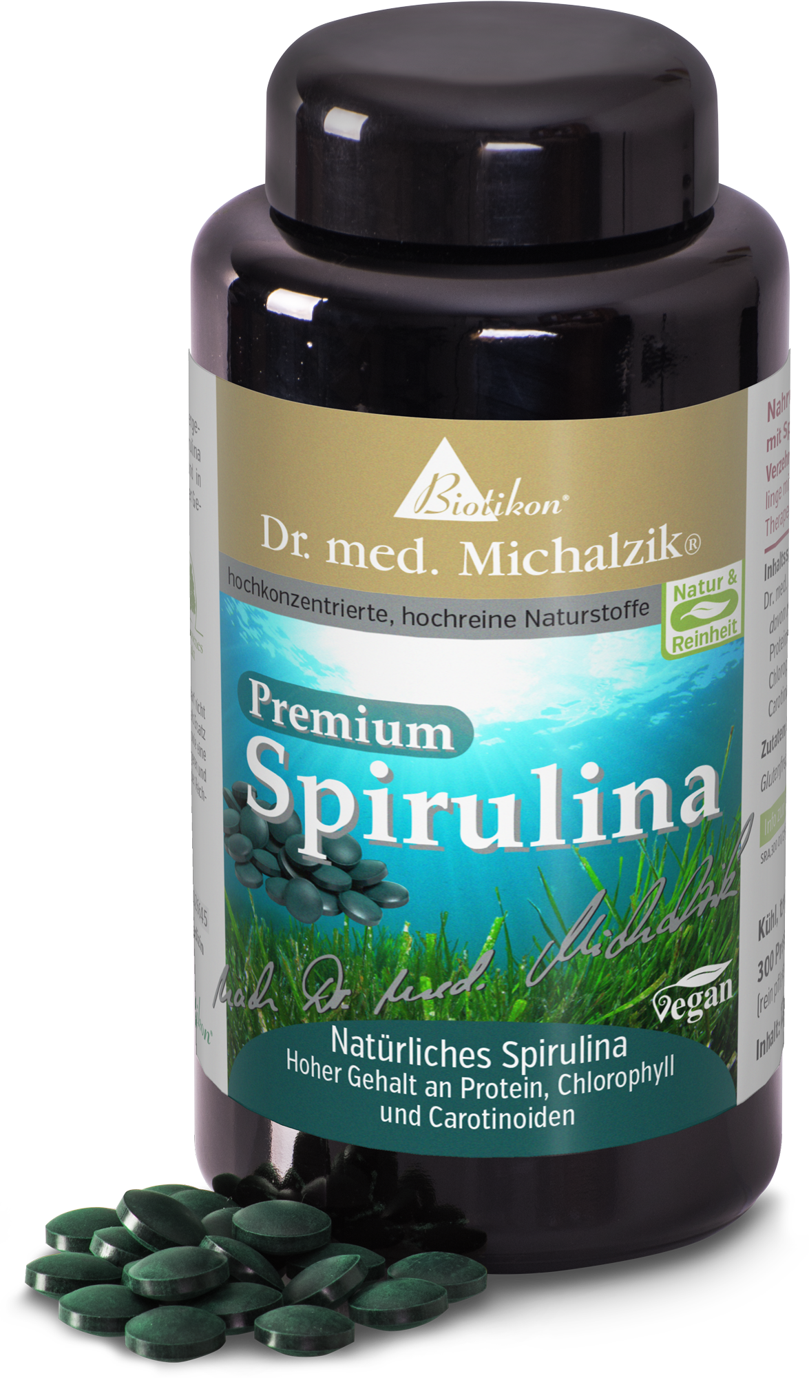 Spiruline 300 Comprimés – Complément Premium Spiruline premium dans un conteneur noir, 300 comprimés verts visibles, formule vegan.