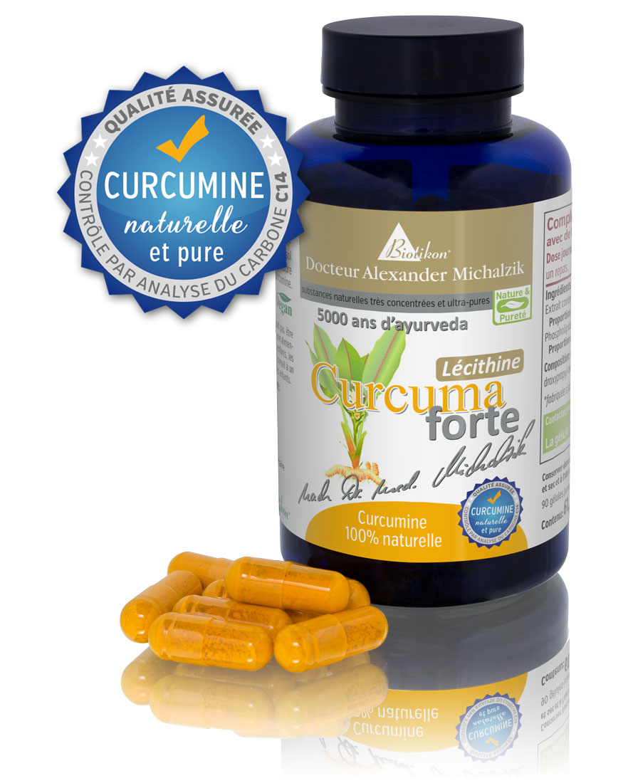 Curcuma Forte 5000 mg – Capsules Capsules Curcuma Forte dans une bouteille bleue, capsules jaunes au premier plan, emballage transparent.