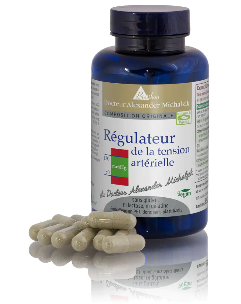 Régulateur de Pression Artérielle - 120 Capsules Bouteille bleue contenant 120 capsules végétales, capsules mises en avant au premier plan.