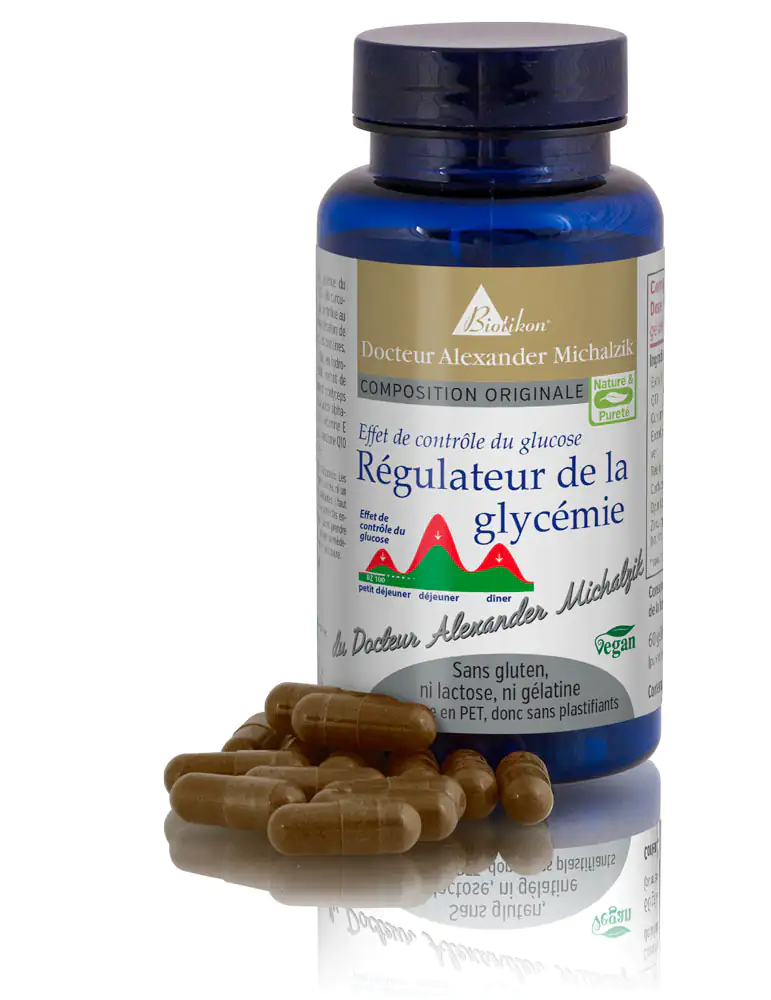 Capsules Régulateur Glycémique – 120 Véganes Capsules brunes dans une bouteille bleue avec une étiquette, 120 pièces, véganes, sans gluten.