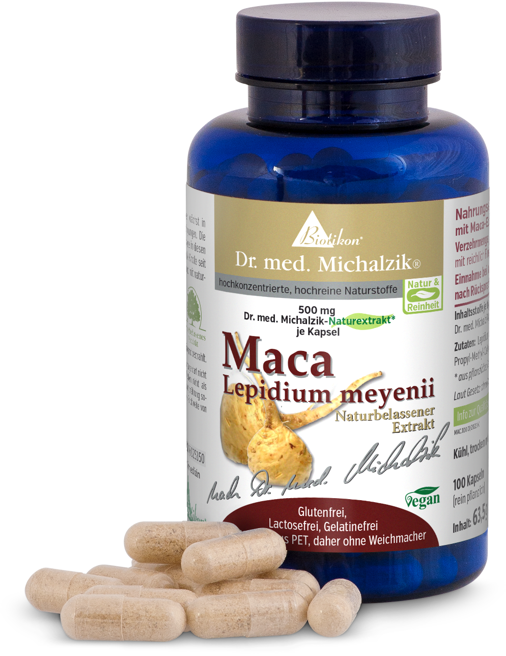Maca Lepidium meyenii – Capsules de 500 mg Bouteille bleue avec 100 capsules transparentes de 500 mg d'extrait de Maca sur fond blanc.