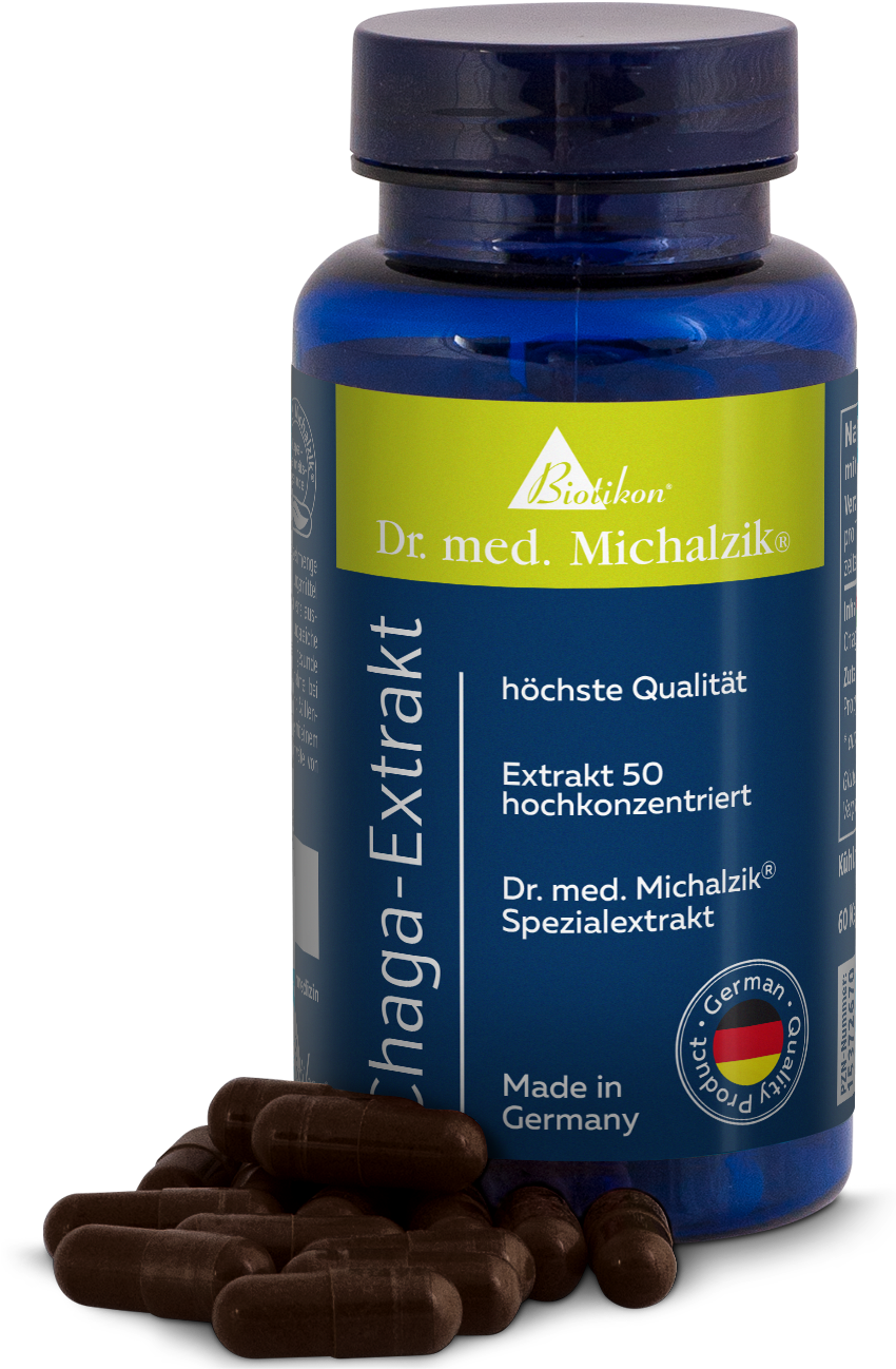 Extrait de Chaga 60 Capsules - Hautement Concentré Extrait de chaga dans une bouteille bleue avec 60 capsules, capsules brunes à côté.