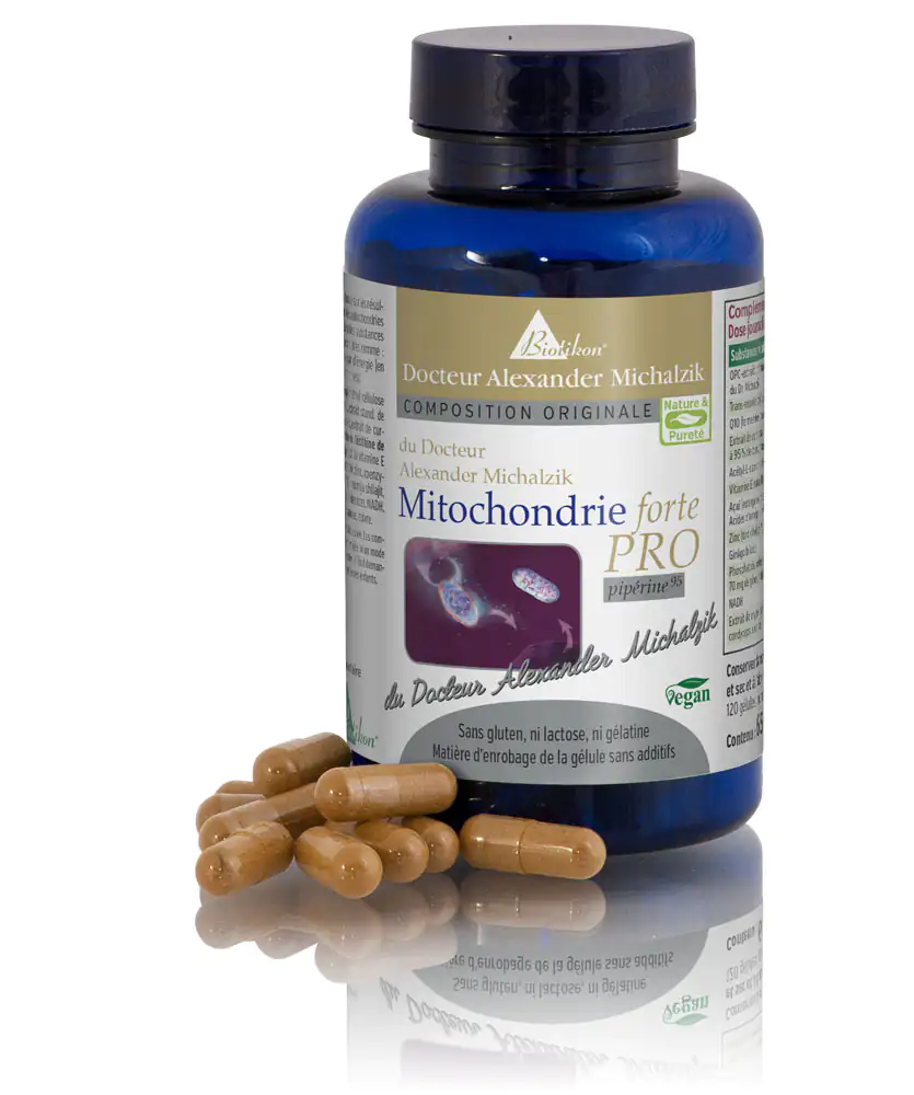 Mitochondrie Forte PRO – Capsules Capsules brunes dans une bouteille bleue, véganes, contient 60 capsules, vue de côté.
