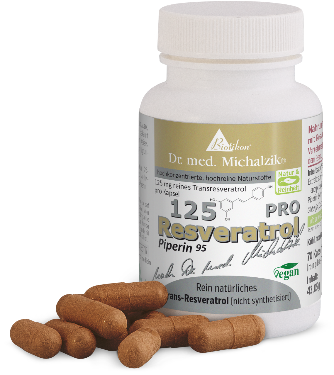Resvératrol 125 mg - Gélules Bouteille de 70 gélules, 125 mg de trans-résvératrol pur, gélules brunes végétaliennes.