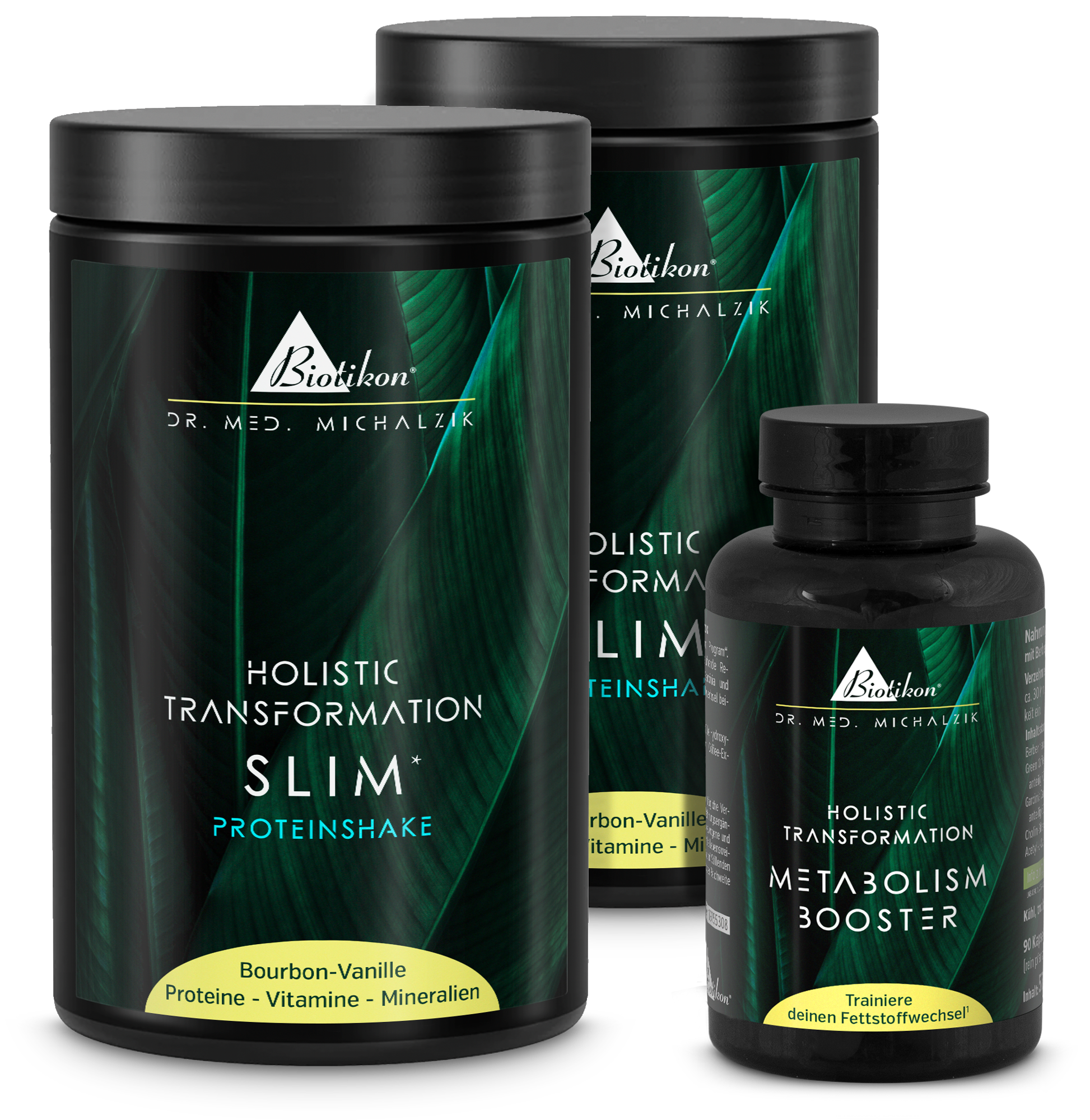 Slim Shake Holistic Transformation dans un contenant noir, 600 g, saveur Vanille Bourbon, avec capsules de Booster de Métabolisme.