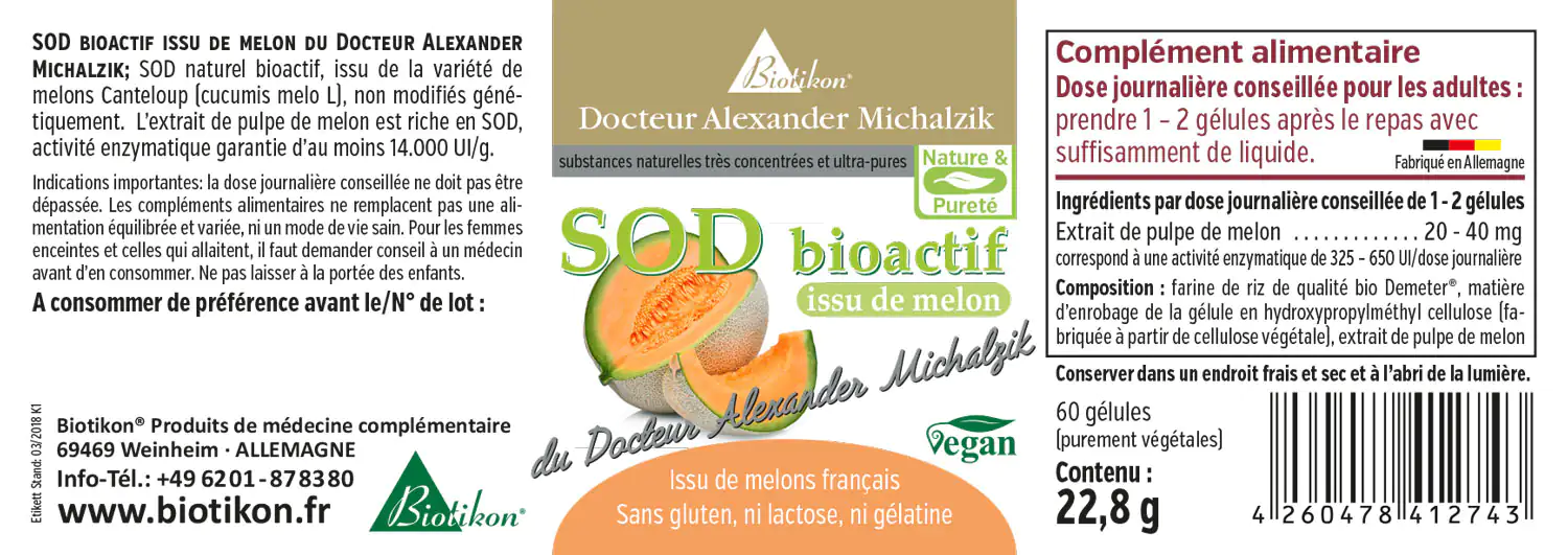 SOD Bioactif de Melons – 60 Capsules Supplément, SOD bioactif de melons, 60 capsules, emballage vegan, vert clair avec image de melon.