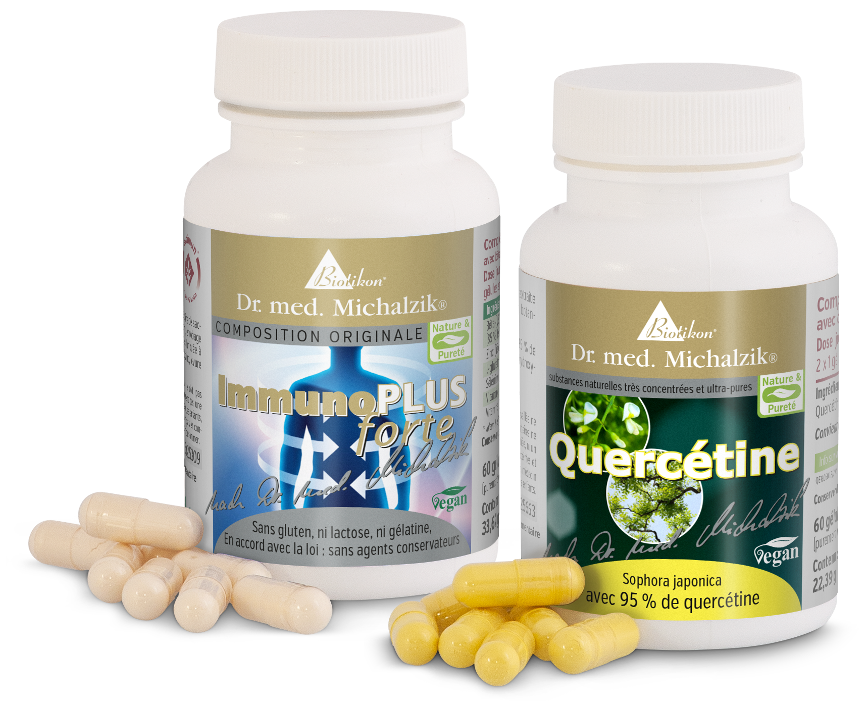 ImmunoPLUS forte - Capsules 60 Compte Deux bouteilles de suppléments alimentaires, ImmunoPLUS forte et Quercétine, avec des capsules jaunes.