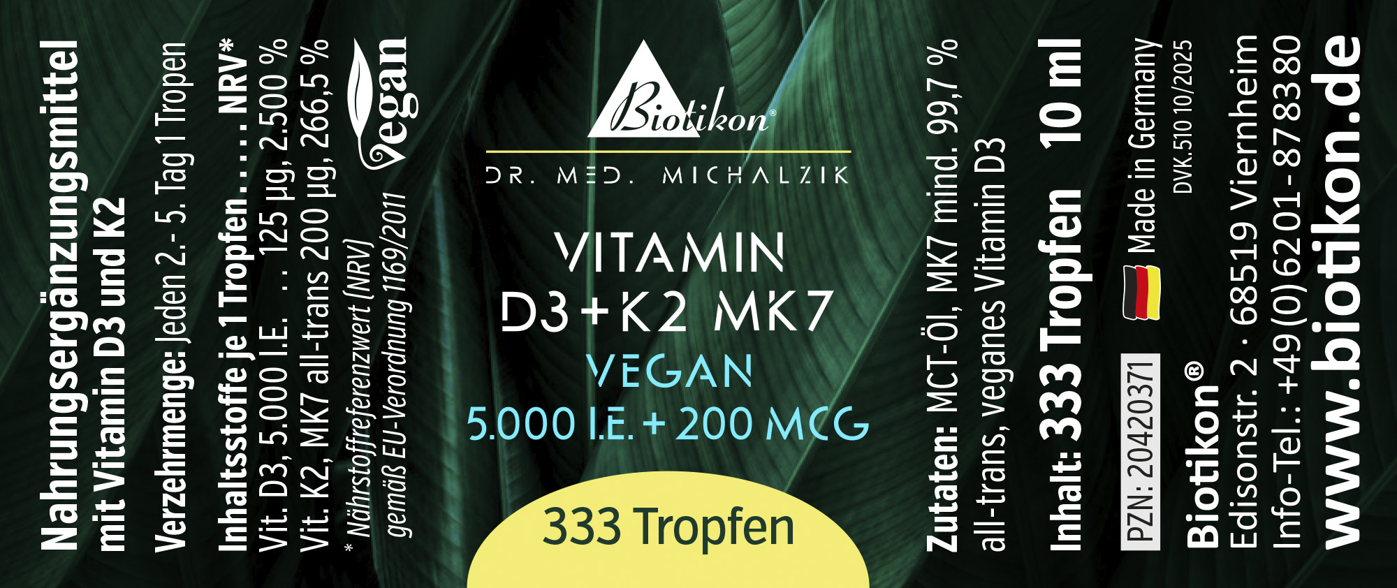 Vitamine D3 + K2 MK7 5000 UI – 333 Gouttes Bouteille de 333 gouttes de vitamine D3 et K2 MK7, 10 ml, emballage vert, vegan.