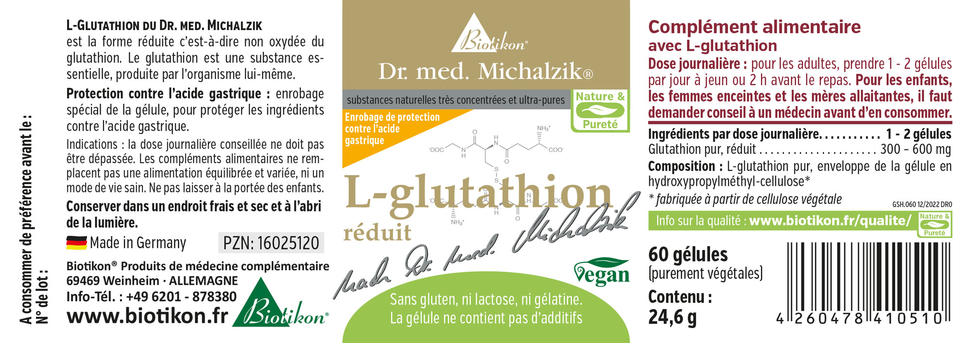 L-Glutathion 300 mg - 60 Capsules Capsules végétariennes contenant L-Glutathion, 60 pièces, dans un emballage marron, vue latérale.
