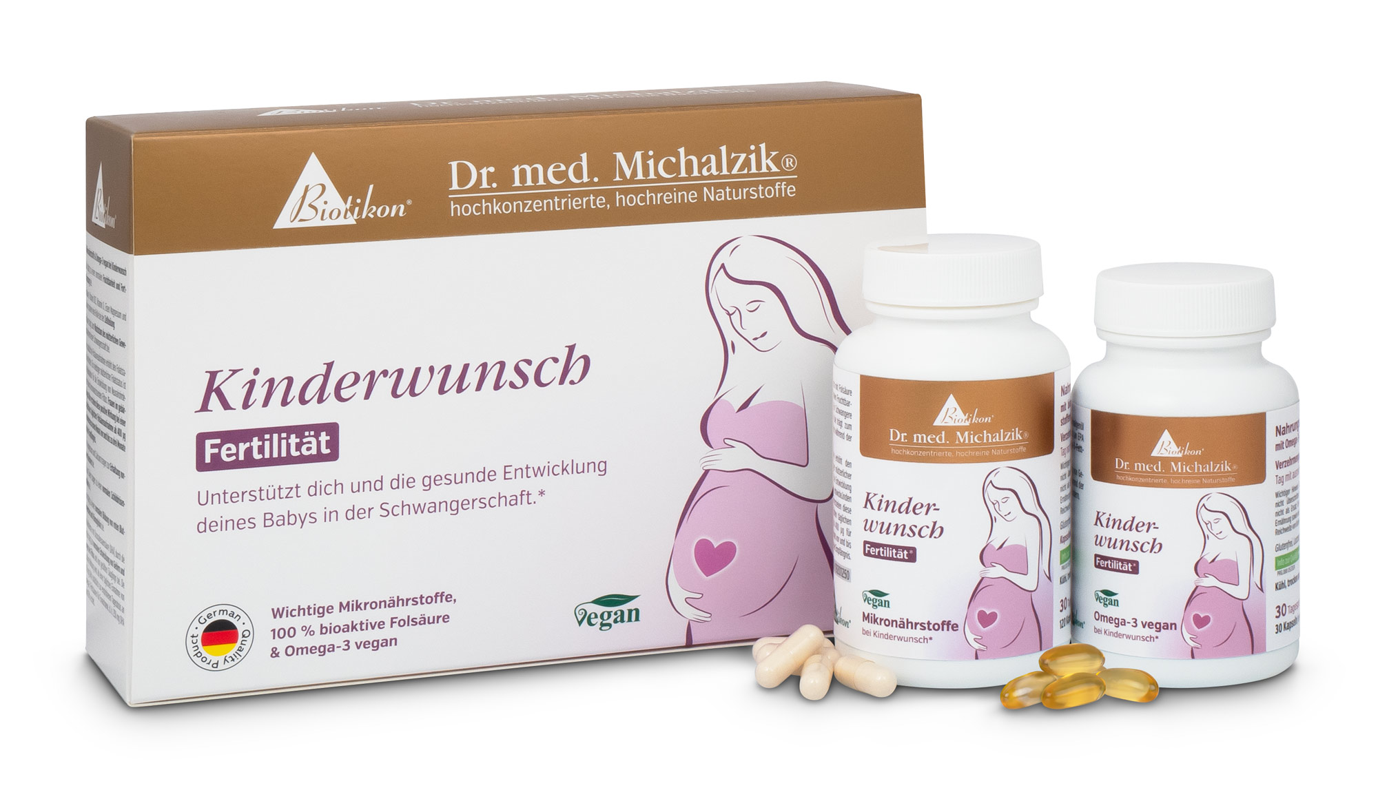 Soutien à la Fertilité – 30 Capsules Emballage de complément de fertilité, deux bouteilles avec capsules, une avec gélules molles, formule vegan, vue de face