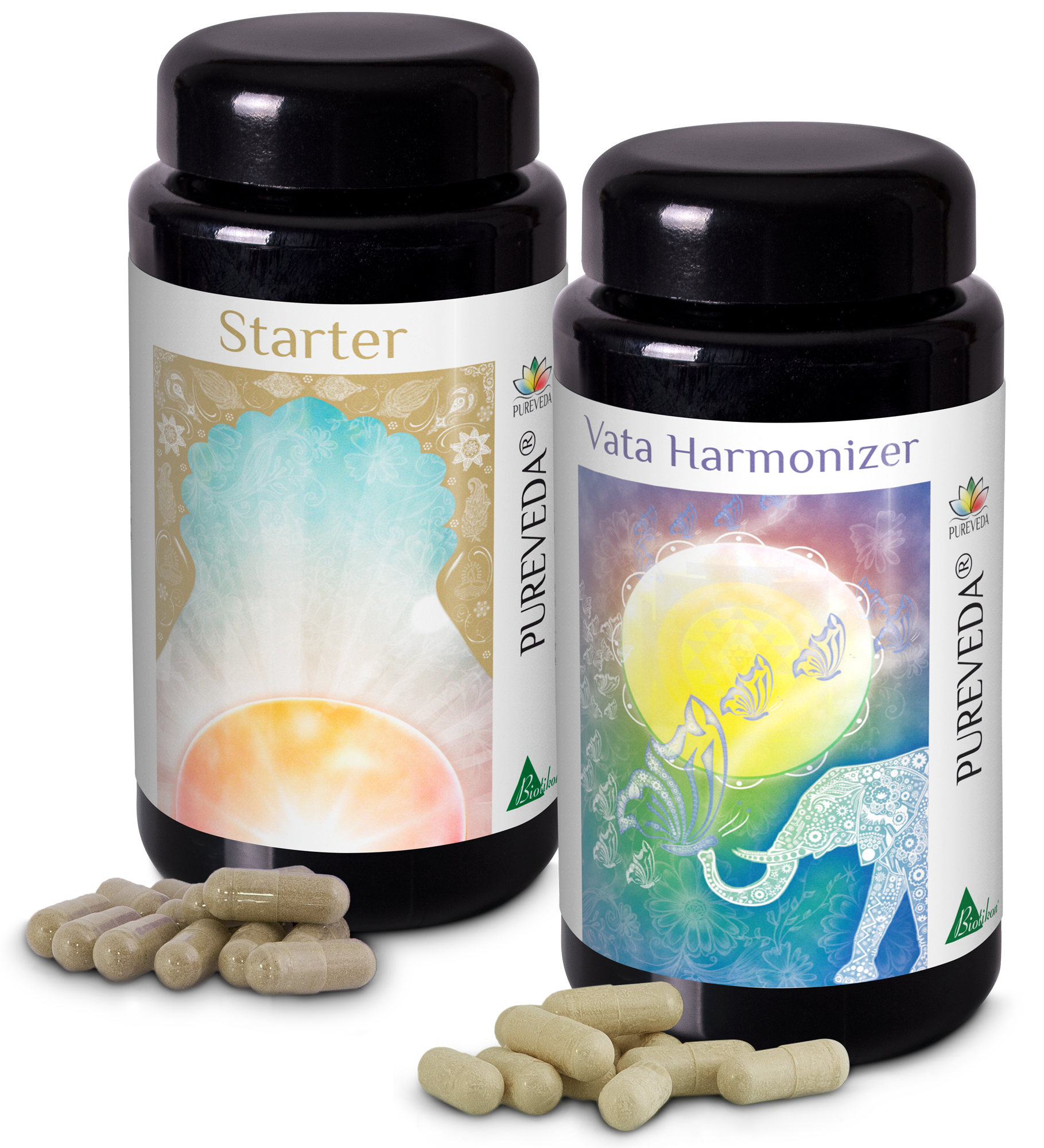 Capsules Ayurvédiques - Starter & Harmonisateur Vata Deux bouteilles noires de capsules ayurvédiques, Starter et Harmonisateur Vata, avec plusieurs capsules au premier plan.