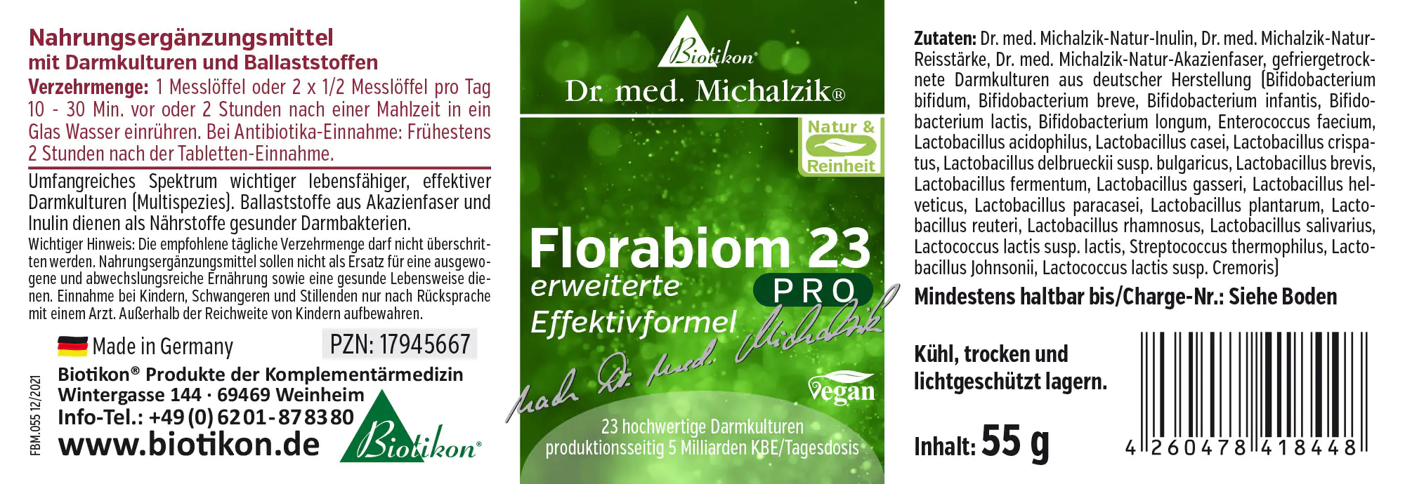 Florabion 23 PRO - Poudre de 55 g Complément alimentaire dans un design d'emballage vert, 55 g, poudre à mélanger avec de l'eau, fabriqué en Allemagne.