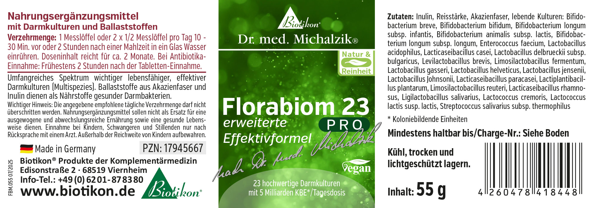 Florabion 23 PRO - Poudre de 55 g Complément alimentaire dans un design d'emballage vert, 55 g, poudre à mélanger avec de l'eau, fabriqué en Allemagne.
