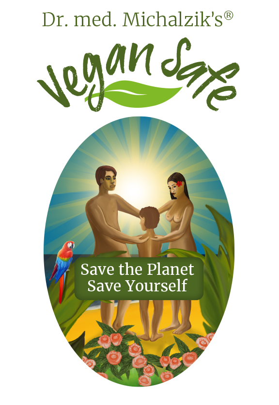 Vegan Safe – Complément Alimentaire Image d'un produit végétalien avec une famille, un perroquet coloré et des fleurs, de forme ovale.