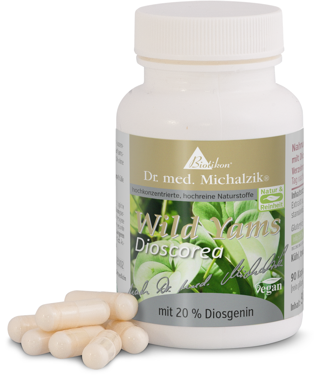 Dioscorea Yam Sauvage 90 Gélules – 20 % Diosgénine Bouteille avec 90 gélules blanches, complément alimentaire avec yams sauvages, gélules véganes, contenant 20 % diosgénine.