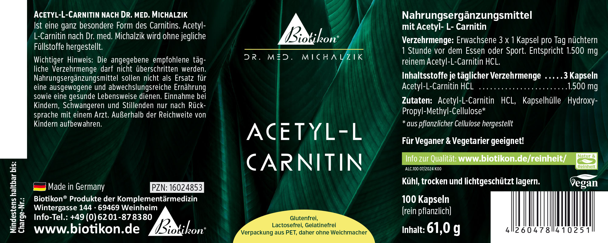 Acétyl-L-Carnitine – 100 Capsules Complément alimentaire Acétyl-L-Carnitine, 100 capsules, emballage vert, végan, à base de plantes.