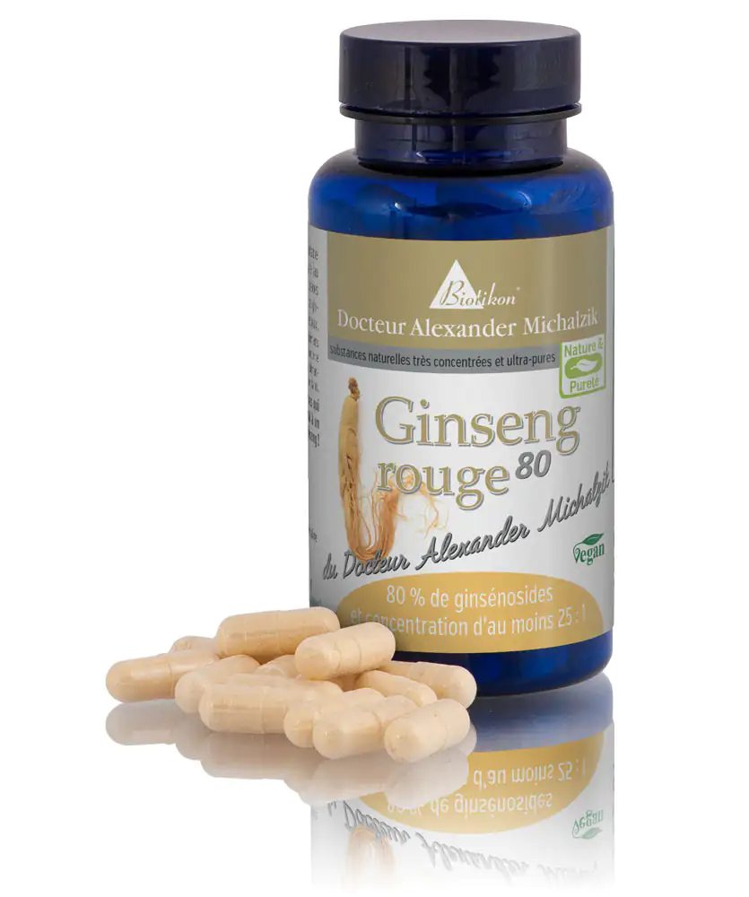 Ginseng Rouge 80 - Capsules Bouteille de capsules de ginseng rouge, véganes, 80% de ginsénosides, capsules beiges, emballage clair, vue latérale.