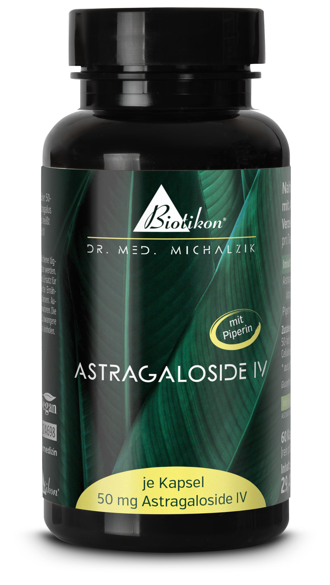Capsules véganes contenant 50 mg d'Astragaloside IV par capsule, emballées dans un contenant blanc.
