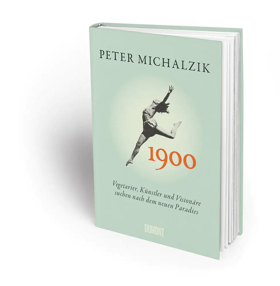 1900 – Livre de Peter Michalzik Couverture de livre intitulée '1900', fond vert pastel, personne dansante en noir et blanc avec écriture rouge, couverture rigide.