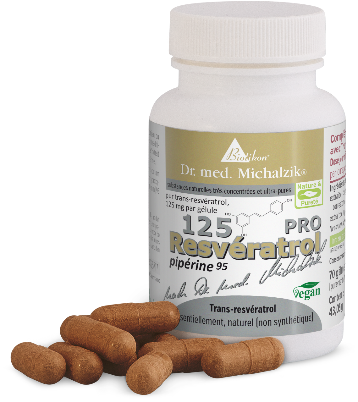 Resvératrol 125 mg PRO Dose Capsules avec 125 mg de resvératrol dans une bouteille blanche, capsules brunes en vue de face.