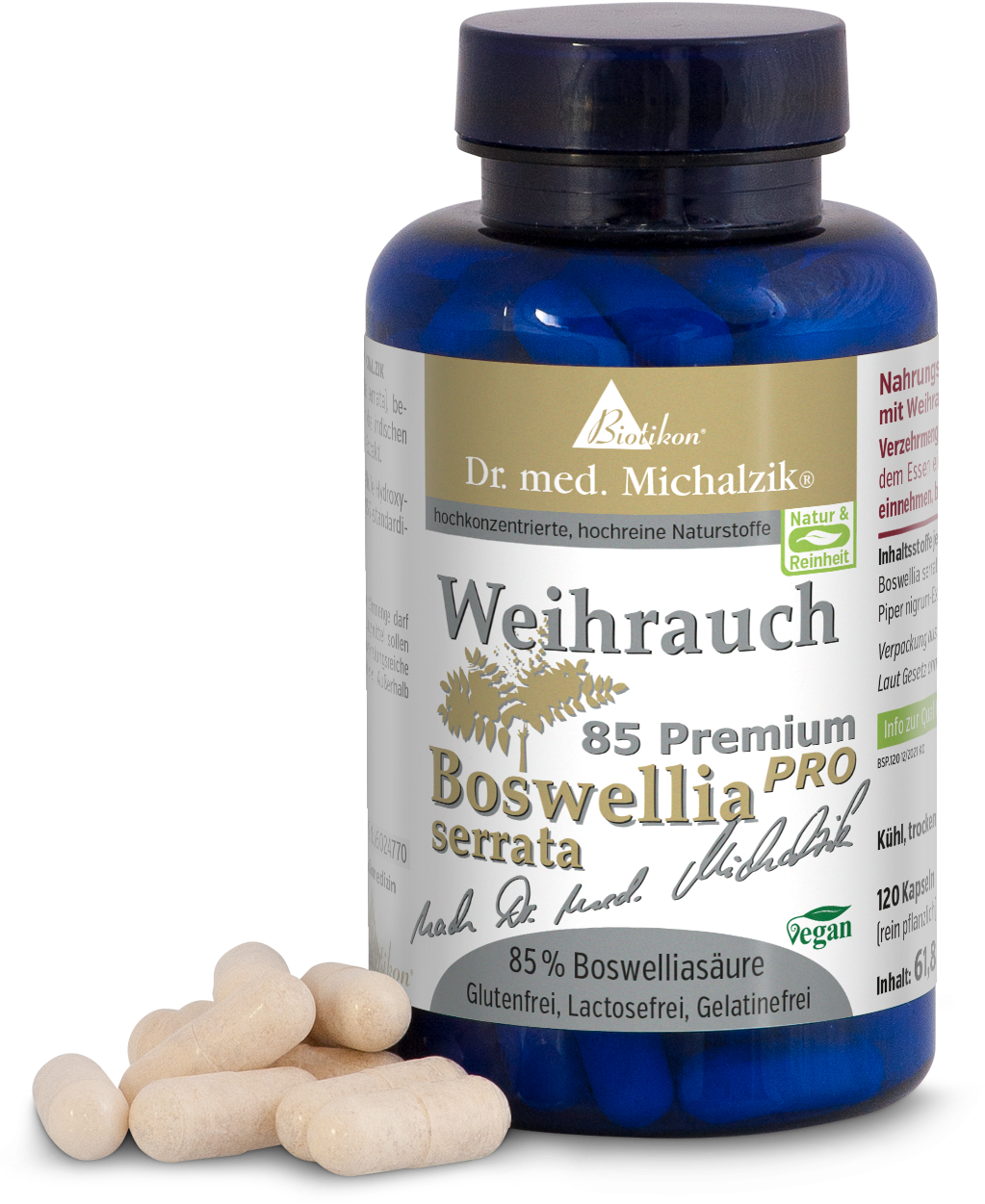 Encapsulations Premium d'Encens 85 Bouteille bleue avec 120 capsules, contient 85% d'acide boswellique, végan, sans gluten, sur un fond clair.