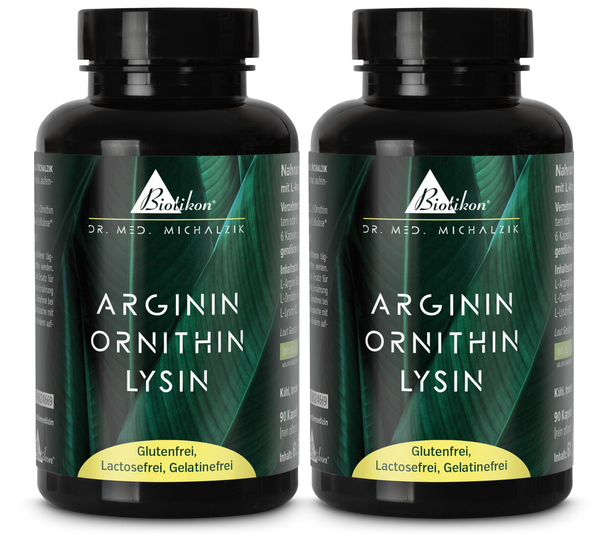 Deux bouteilles bleues contenant 90 gélules d'Arginine Ornithine Lysine, sans gluten, en emballage PET.