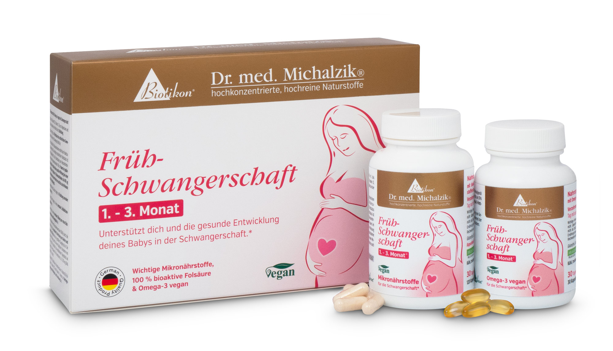 Grossesse Précoce – Micronutriments 30 Capsules Emballage avec deux bouteilles pour grossesse précoce, 30 capsules, végan, design lumineux, vue latérale.