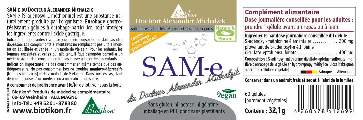 SAM-e 200 mg – Gélules 60 gélules, supplément nutritionnel végan en emballage PET, résistant à l'action des acides.