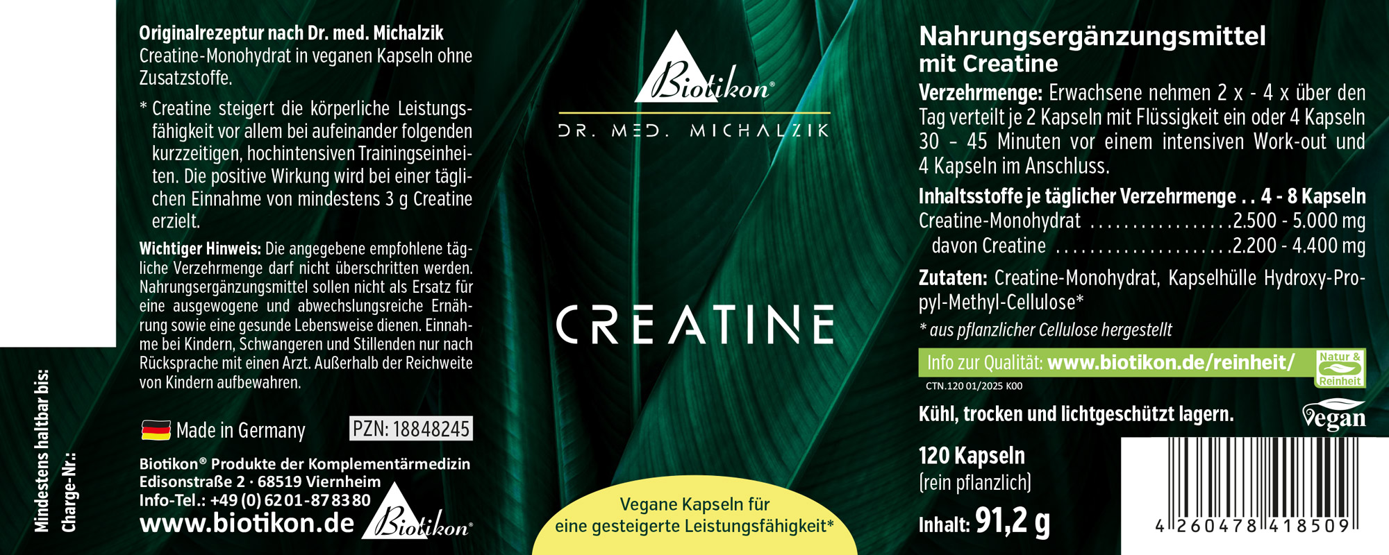 Créatine 120 gélules - Complément alimentaire Gélules véganes avec monohydrate de créatine, 120 pièces, dans un emballage vert.