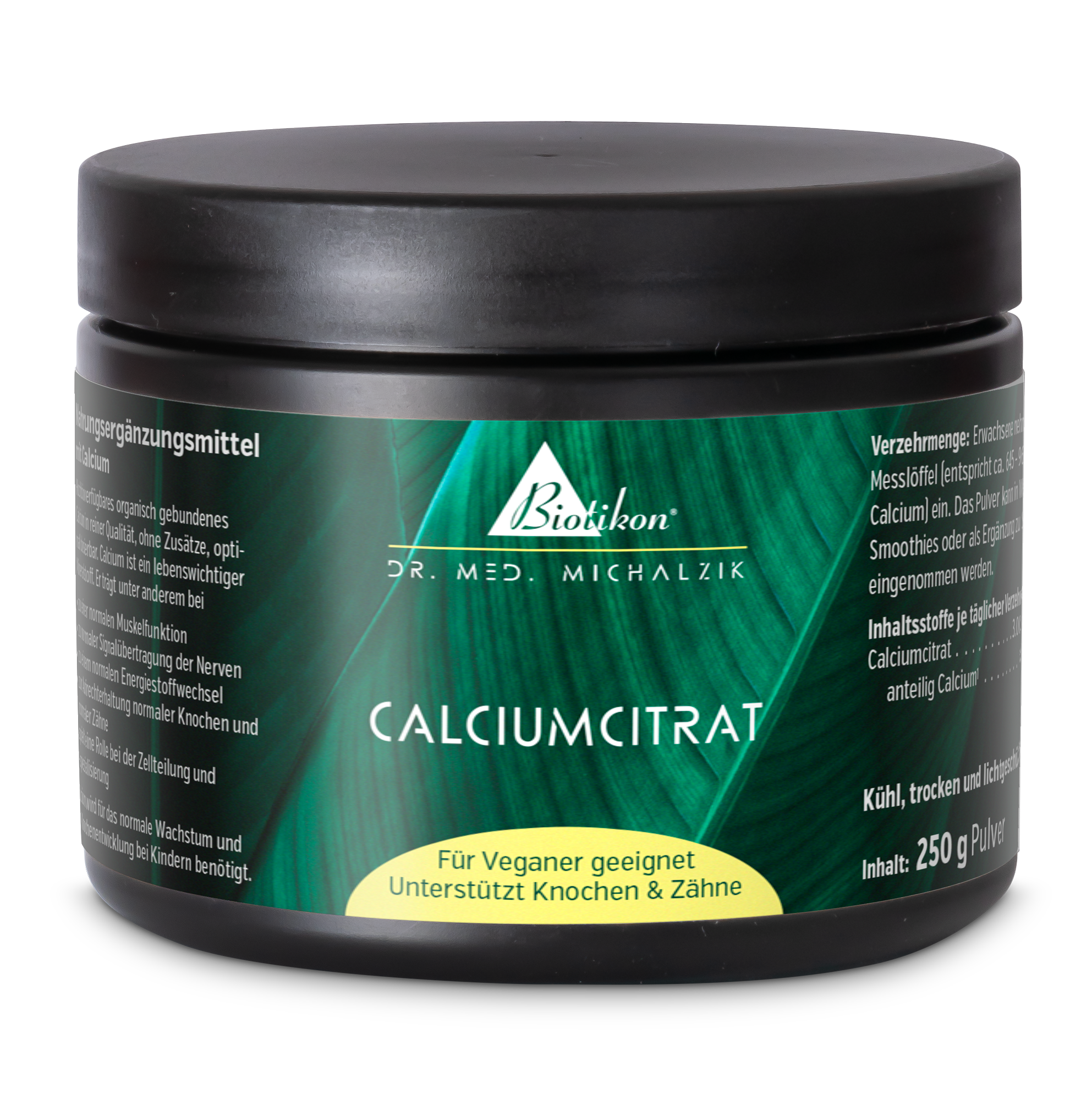 Citrate de Calcium – Poudre de 250 g Citrate de calcium dans un pot noir, poudre de 250 g, convient aux végétaliens, à conserver dans un endroit frais et sec.