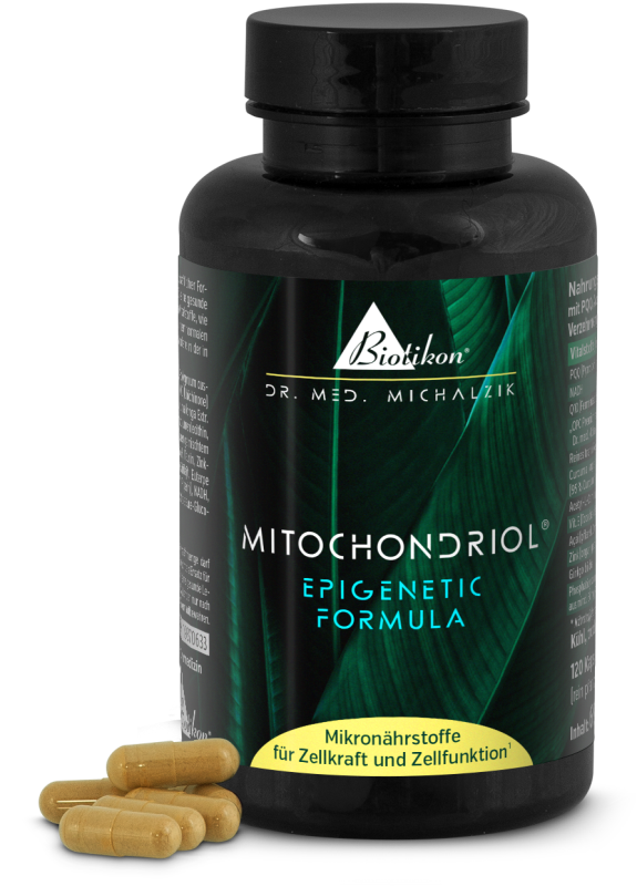 Mitochondriol 120 Capsules – Formule Épigénétique Bouteille noire avec 120 capsules, Mitochondriol, feuilles vertes en arrière-plan.