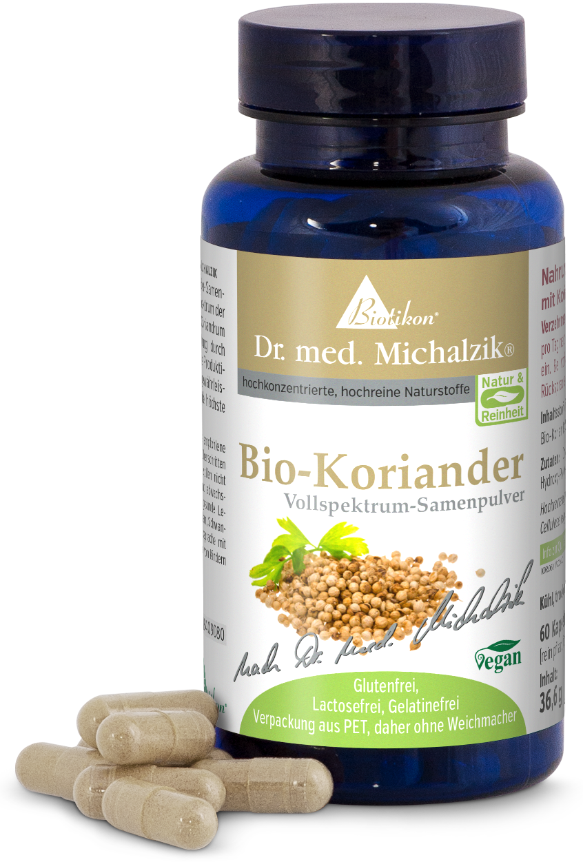 Coriandre Bio 60 Capsules – Poudre de Graines Full Spectrum Poudre de graines Full Spectrum Coriandre bio dans une bouteille bleue, 60 capsules, sans gluten et végan.