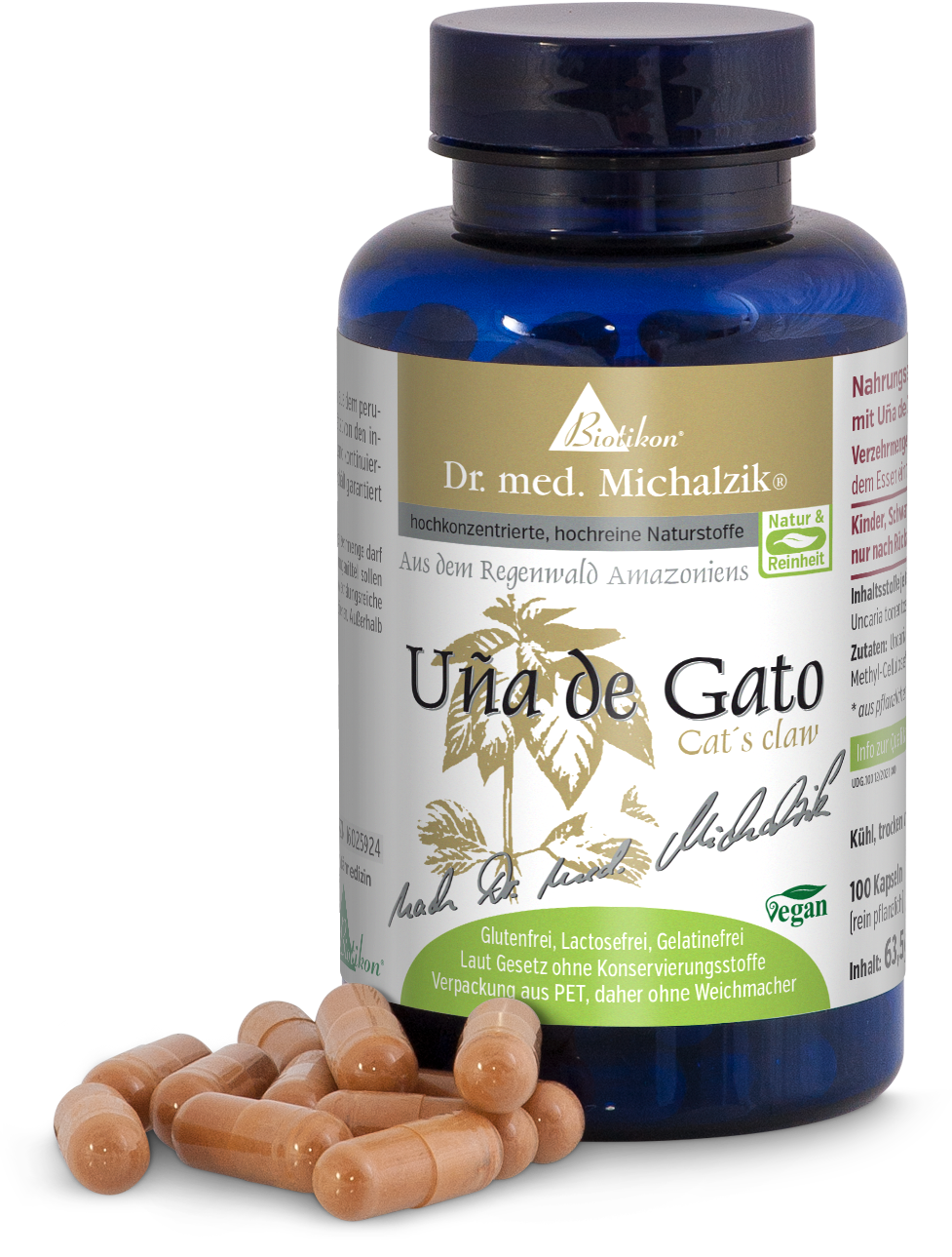 Griffe de chat 100 capsules – Extrait de griffe de chat Capsules brunes dans une bouteille bleue, 100 capsules, ingrédients véganes, sans additifs.