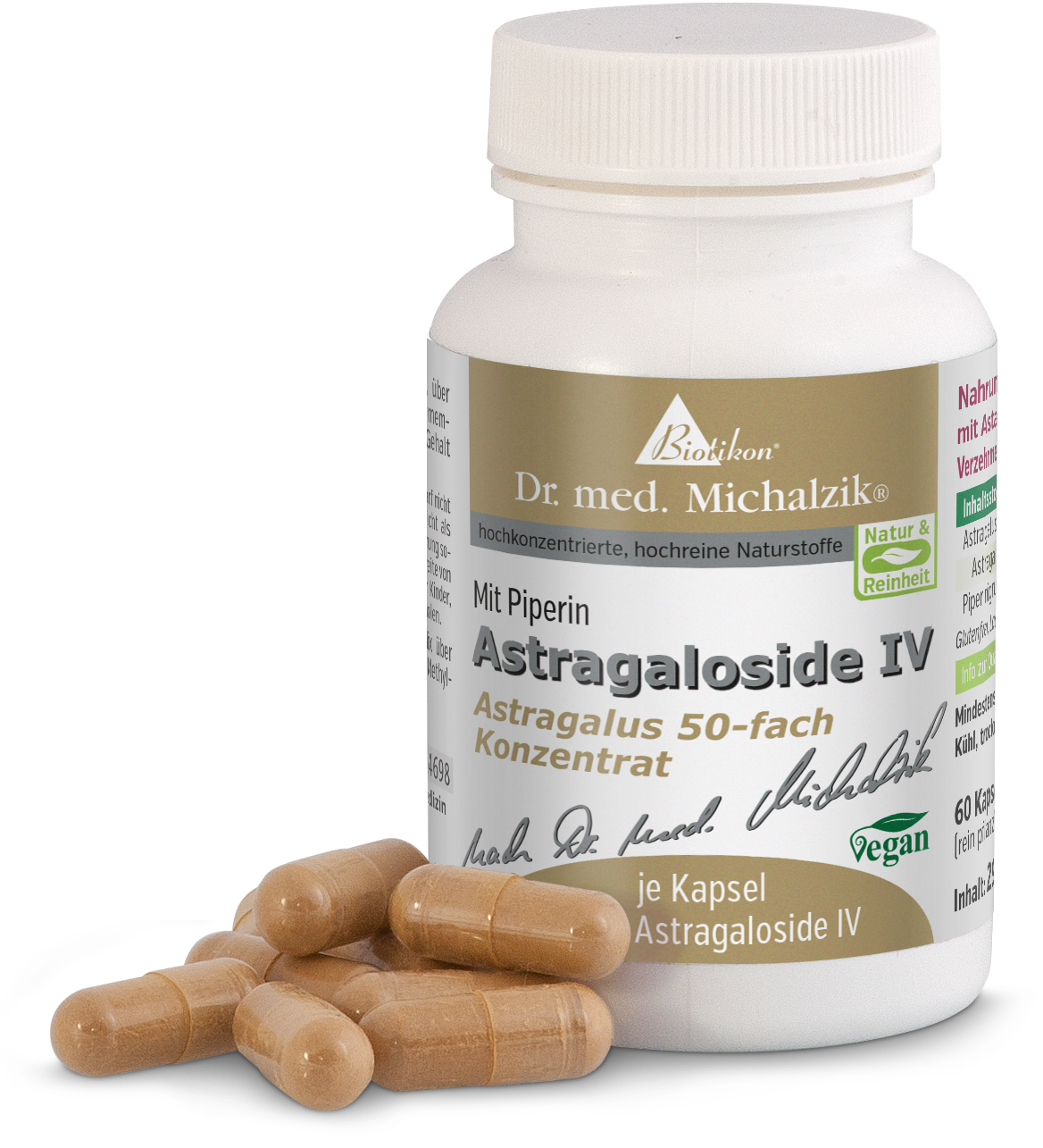 Astragaloside IV 60 Gélules – Poudre Haute Concentration Bouteille de 60 gélules d'Astragaloside IV, gélules beiges, vue de face, avec des gélules en vrac sur la table.