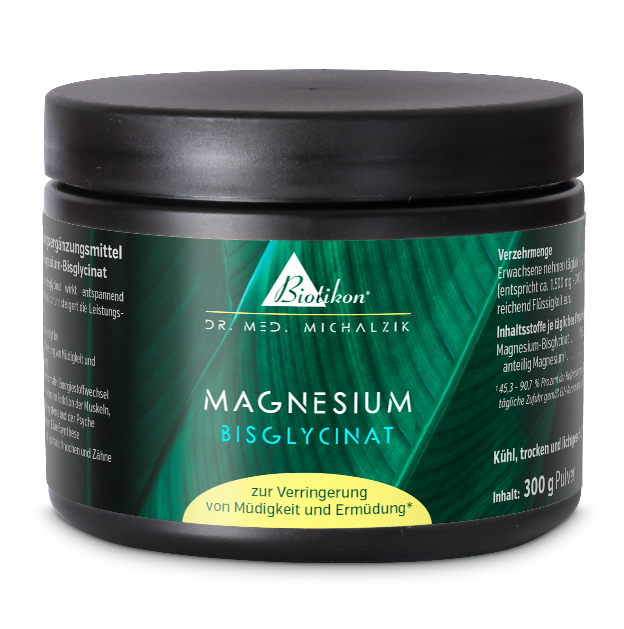 BISGLYCINATE DE MAGNÉSIUM – 300 g Poudre Conteneur noir avec de la poudre de bisglycinate de magnésium, 300 g, vue de face, couleur d'accent vert.