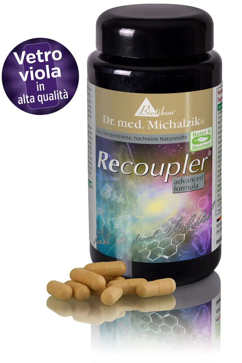 Recoupler – 90 Capsules Capsules brunes près d'une bouteille noire avec une étiquette colorée, surface réfléchissante, vue de côté.