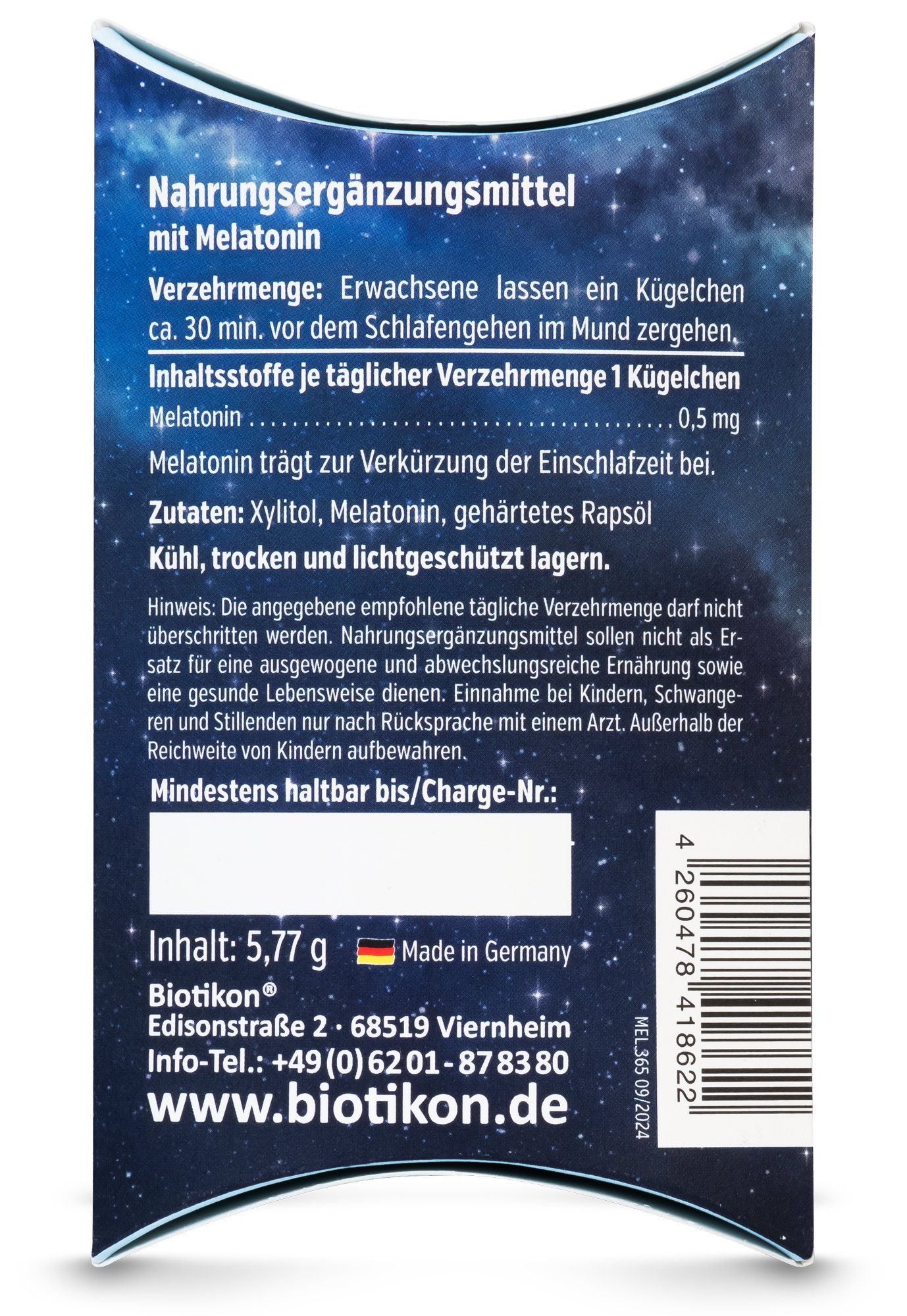 Mélatonine 0,5 mg – Petits Billettes Complément alimentaire avec mélatonine, emballage de 5,77 g, bleu avec motif de ciel étoilé.