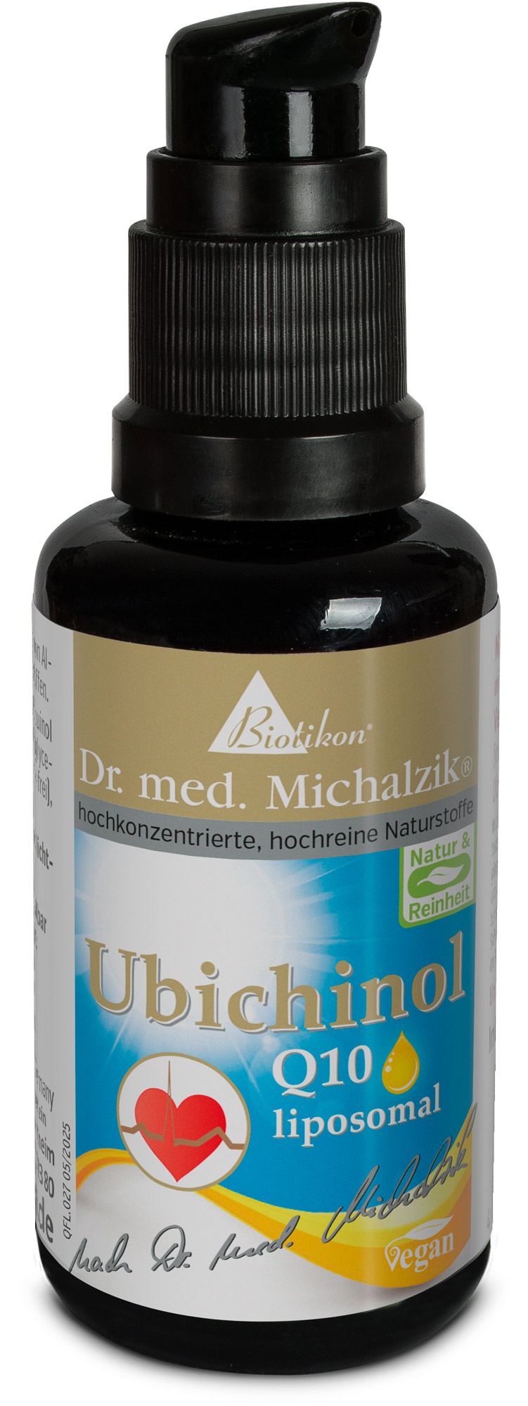 Ubichinol Q10 liposomal – 50 ml Bouteille d'Ubichinol Q10 liposomal, flacon noir avec pompe, 50 ml, végétalien, ingrédients de haute qualité.